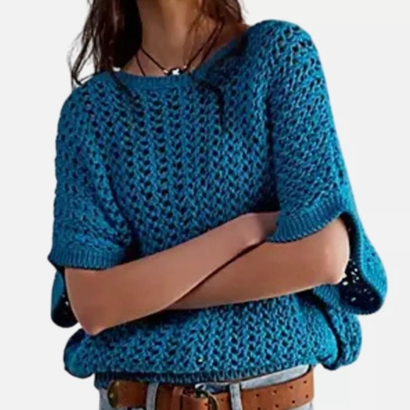NWT Free People We the Free Ocean Palace Sophia Blue Boho Knit Crochet Sweater - Picture 9 of 9